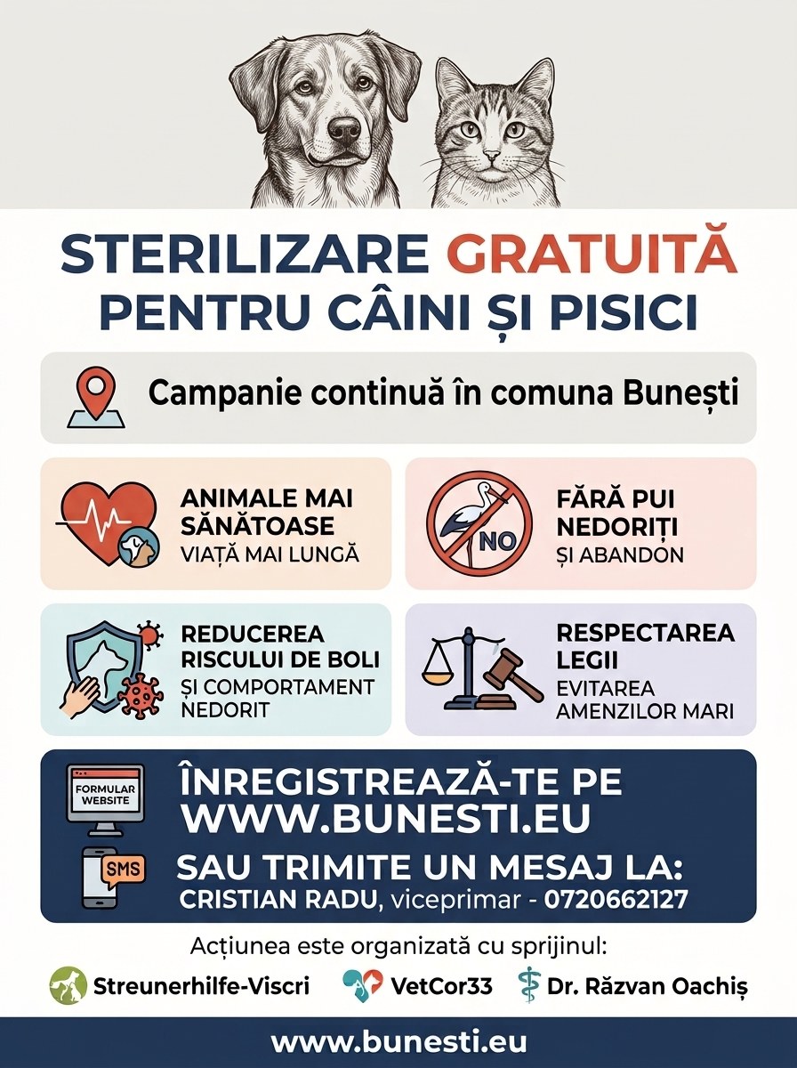 Afișul campaniei de sterilizare gratuită pentru câini și pisici în comuna Bunești